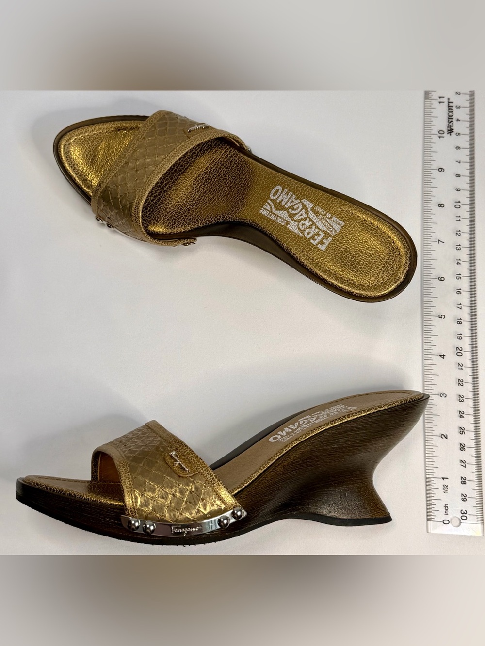 Salvatore Ferragamo Vintage metallic Bronze Leather Wedge Slide Mules w logo 8C - Picture 14 of 15